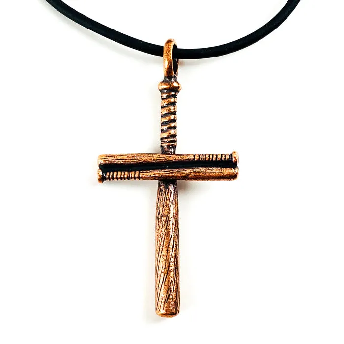 Baseball Bat Cross On Soft Black Rubber Necklace Antique Copper Softball