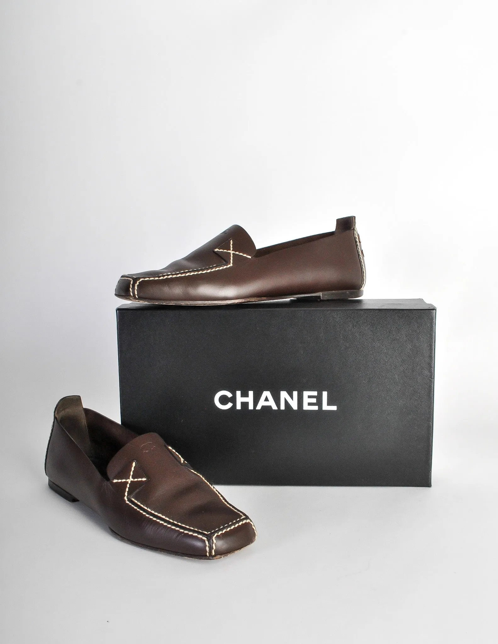 Chanel Vintage CC Logo Brown Leather Loafers