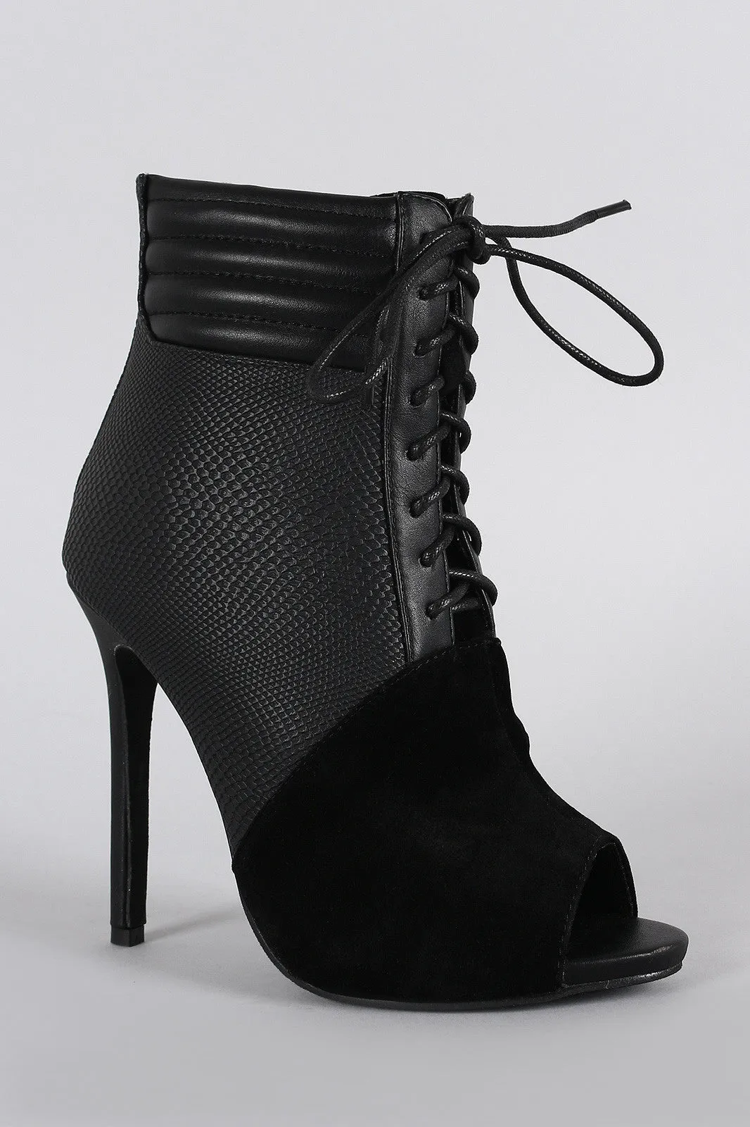 Lizard And Suede Lace Up Peep Toe Stiletto Booties