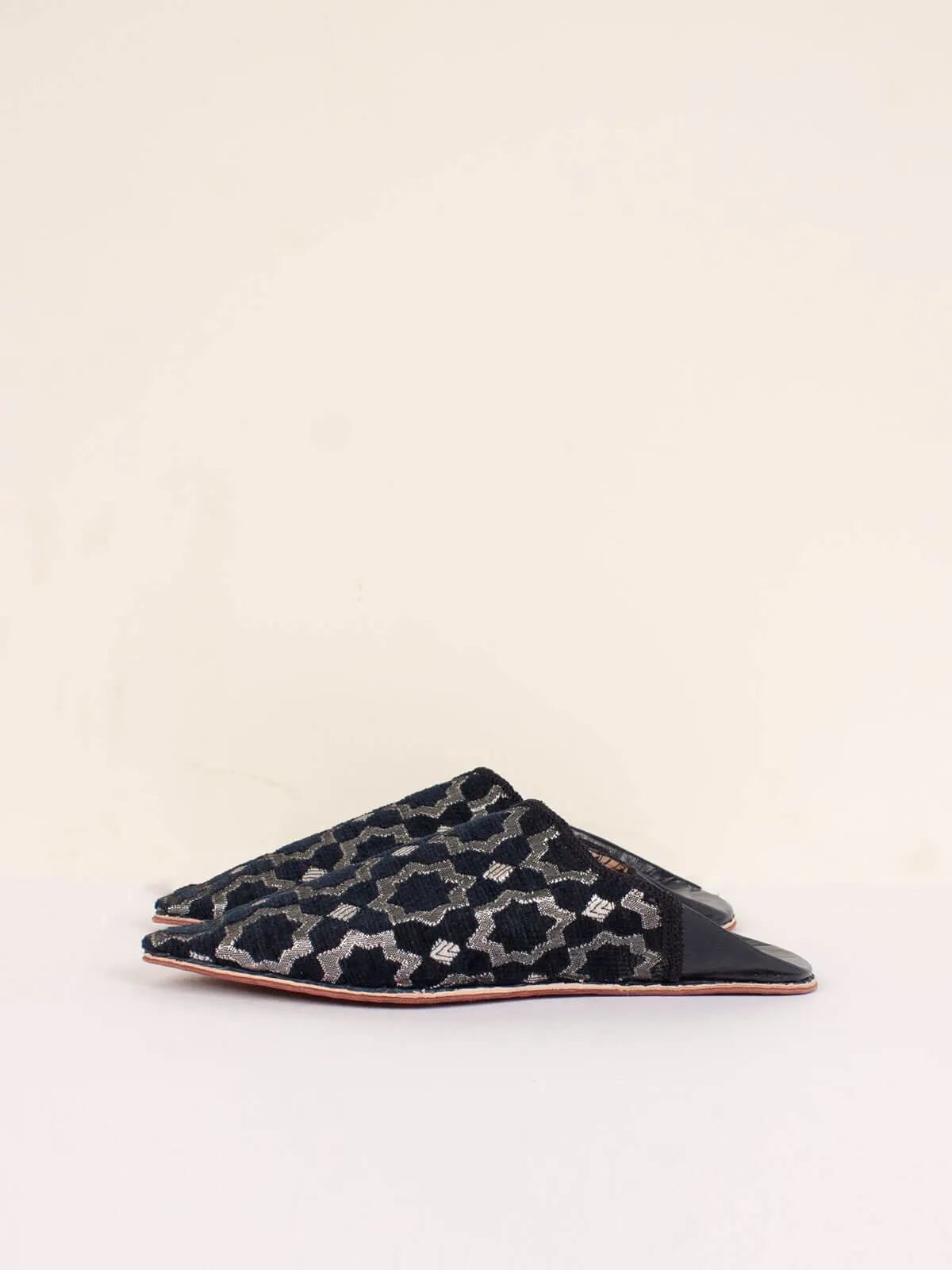 Moroccan Star Brocade Pointed Babouche Slippers, Black