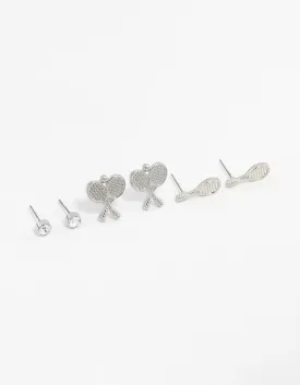 Rhodium Diamante Tennis Racket Stud Earring Pack