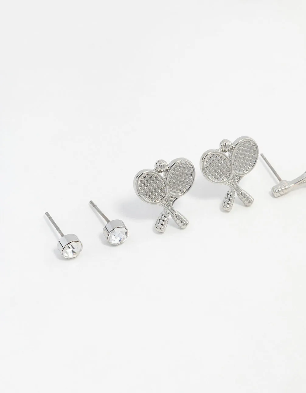 Rhodium Diamante Tennis Racket Stud Earring Pack