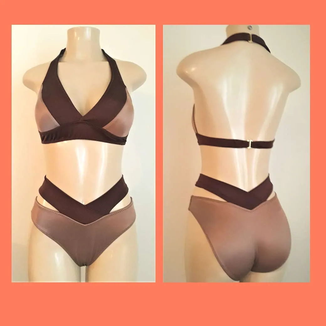 Seam halter bikini top and strappy high waist bikini bottom